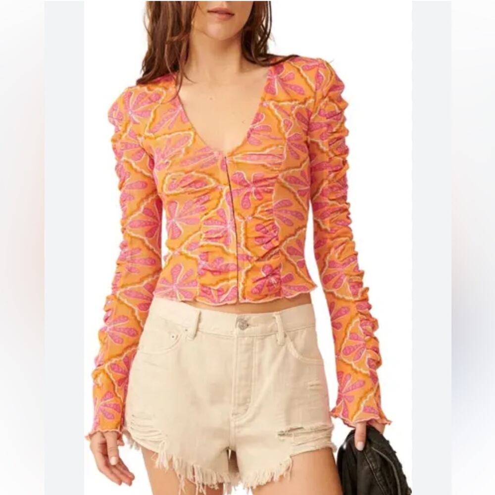 Free People Through the Meadow Ruched Mesh Top - Grapefruit Seltzer - S - NWT